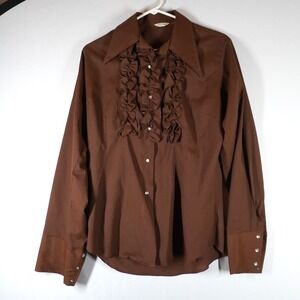 VTG Western Fashions Ruffle Blouse Womens M Brown Pearl Snap 70s Westerncore